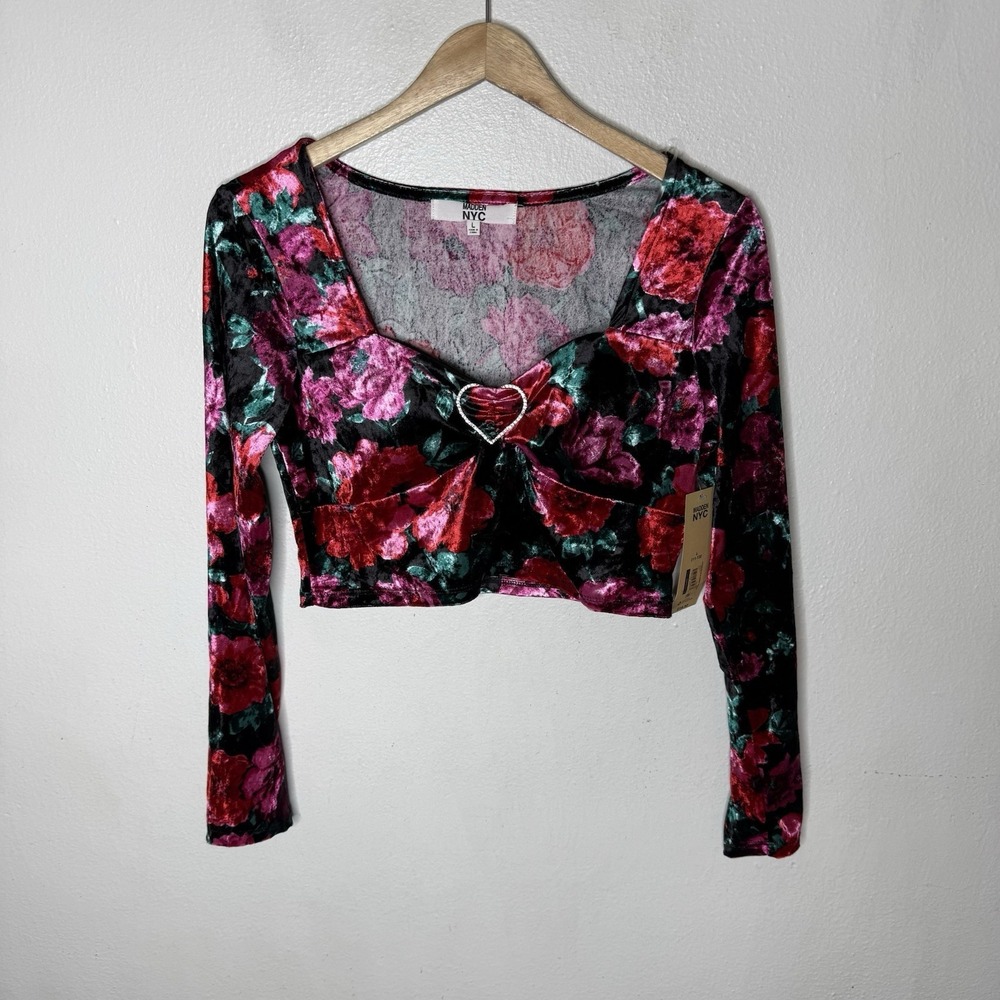 Madden NYC Floral Velvet Rhinestone Heart Long Sleeve Crop Top‎ Juniors Large